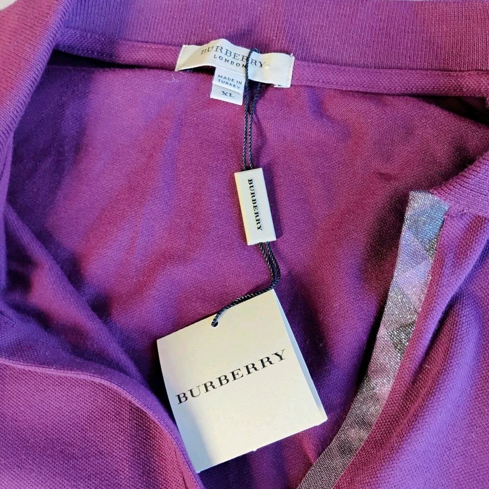 Burberry London Polo Shirt Womens XL Purple Check Trim 3/4 Sleeves Preppy Logo - Picture 5 of 9